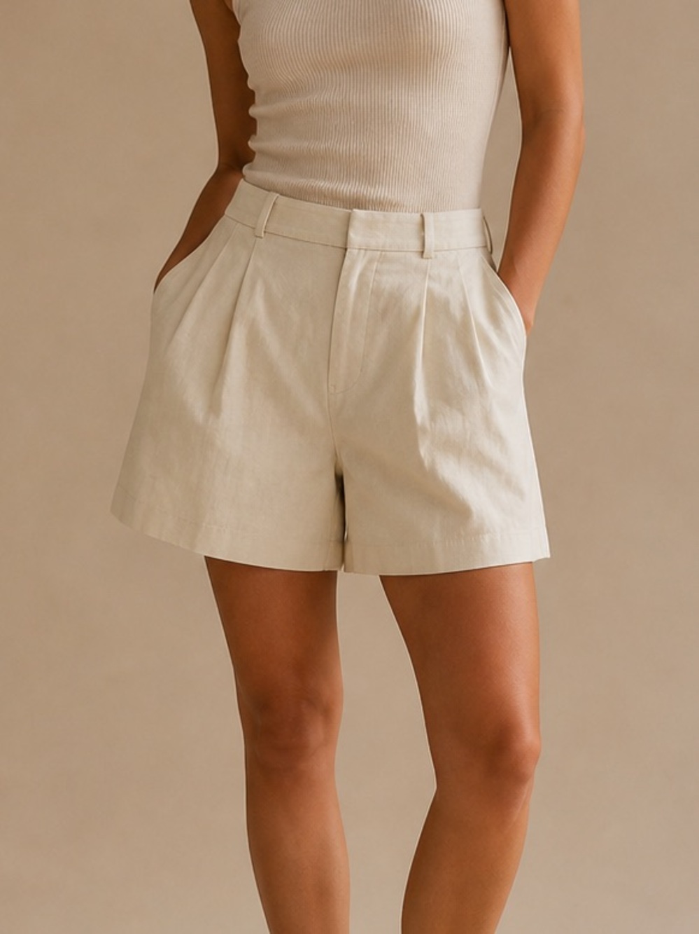 WAYF Beige Tailored Shorts Size L High Waisted Chic Minimalist